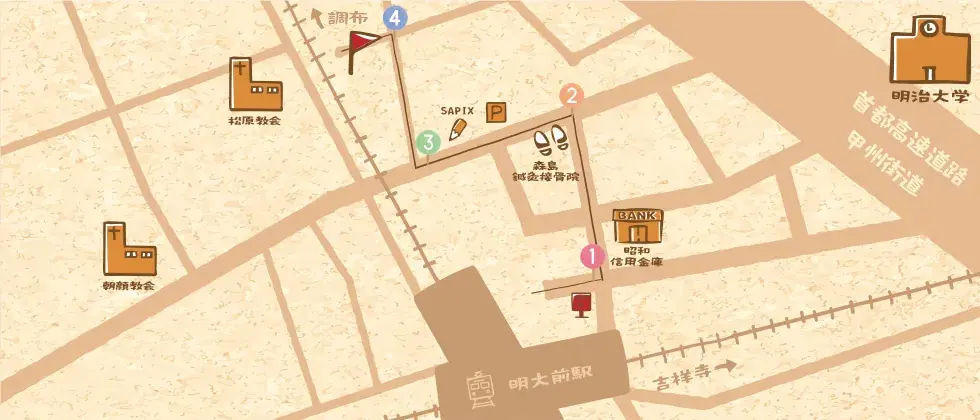 スタジオ菴の所在地を示した地図。昭和信用金庫前を通り、森嶋鍼灸院前を左折、SAPIXの角を右折して電柱看板が見えたら左折。
