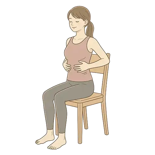 脇腹に手を当てて呼吸の動きを確認している女性