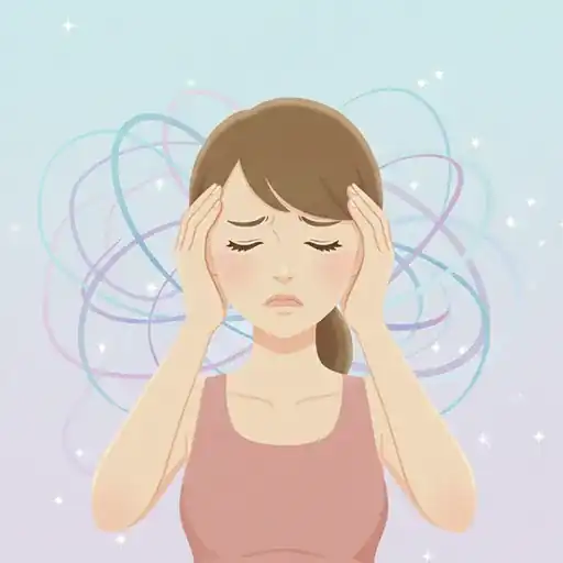 気圧変化による自律神経の乱れから頭痛が起き、頭を抱える女性のイラスト