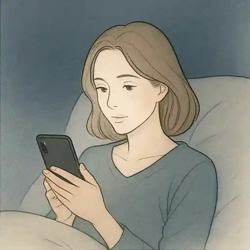 ベッドでリラックスしながらスマートフォンを操作している女性のイラスト。睡眠の質に影響を与える生活習慣の一例を示すイラスト。