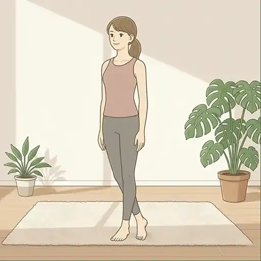 女性がリビングで足を交差させながら歩くクロスステップをしているシーンのイラスト