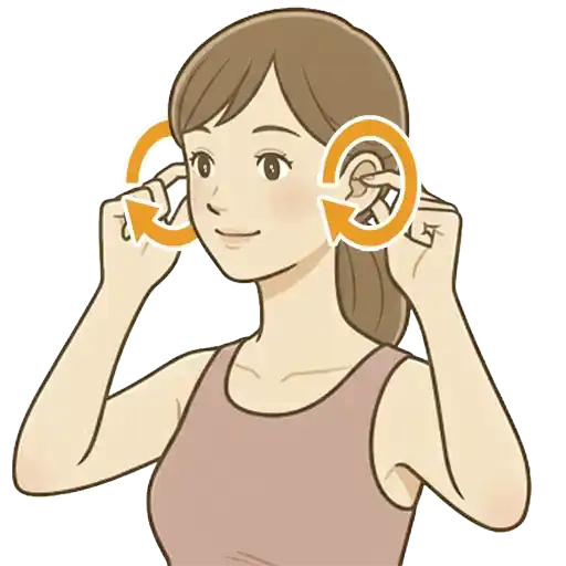 耳を横に軽く引っ張りながら、後ろ方向に円を描くように回すイラスト