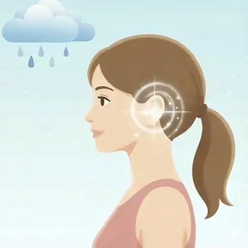 雨が近づき、気圧の変化に耳が敏感に反応している女性のイラスト