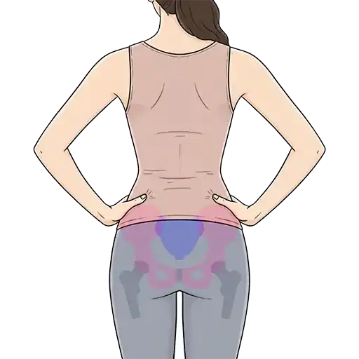 女性の後ろ姿イラスト、骨盤透け表示、仙腸関節(sacroiliac joint)が腰の少し上でハイライトされている解剖図。