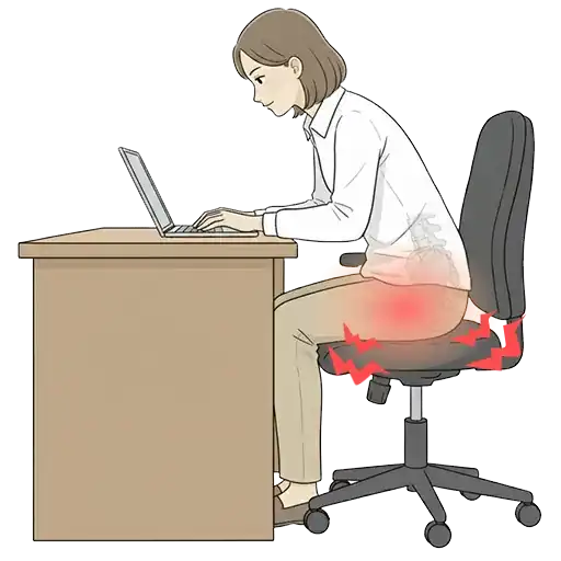 女性の背面ビューのイラスト。お尻まわりの筋肉(大臀筋、中臀筋、ハムストリングス、梨状筋)が圧迫され赤く強調されている。