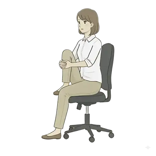椅子に座って片膝を胸に引き寄せ、臀部と股関節まわりをストレッチしている女性のイラスト