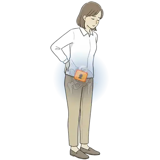 女性の後ろ姿のイラスト。仙腸関節がロックされたように青で強調されている。