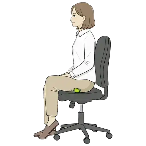 椅子に座ってテニスボールをお尻から太ももの下に当て、梨状筋と臀筋、ハムストリングスをセルフマッサージしてコリをゆるめている女性のイラスト