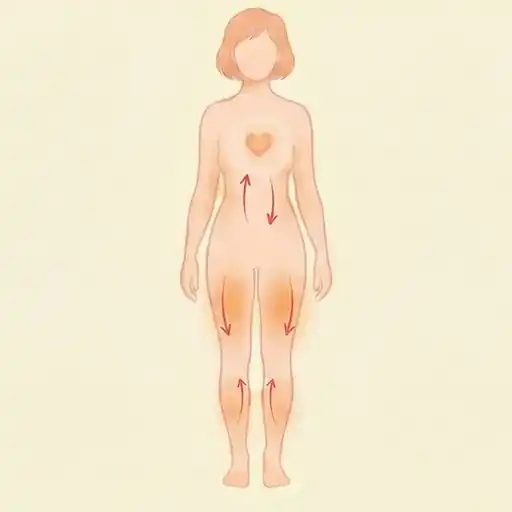 筋肉の動きによって熱が生まれ、血流に乗って心臓から足先まで全身に巡る仕組みを示した女性のシルエットイラスト