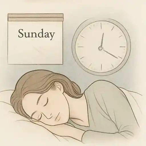 日曜のカレンダーと昼過ぎの時計が描かれ、不規則な睡眠時間で寝起きする女性のイラスト。睡眠の質に影響を与える生活習慣の一例を示すイラスト。