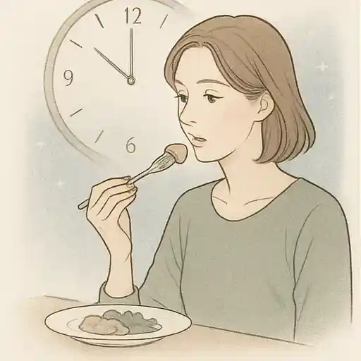 夜遅い時間に柔らかな照明の下で食事をしている女性の様子。睡眠の質に影響を与える生活習慣の一例を示すイラスト。