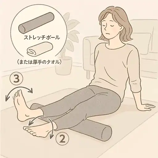ストレッチポールにふくらはぎを乗せ、つま先の向きを変えながら足首をゆっくり曲げ伸ばしする女性のふくらはぎ改善エクササイズのイラスト