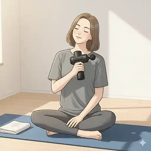 マッサージガンで肩をほぐしている女性
