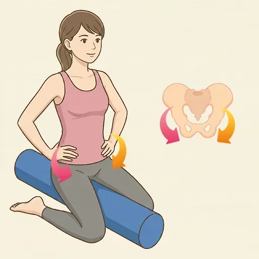 ストレッチポールの上で、骨盤でポールを左右に軽く押すように揺らすエクササイズを行う女性のイラスト