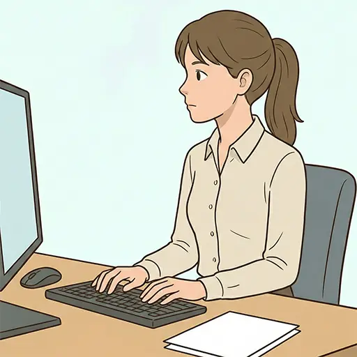 パソコン画面が右にあり顔をひねって作業する女性のイラスト