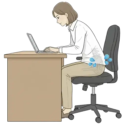 女性の後ろ姿が椅子に座っているイラスト。仙骨と腸骨の接合部(仙腸関節)に体重が集中していることを矢印で示している。