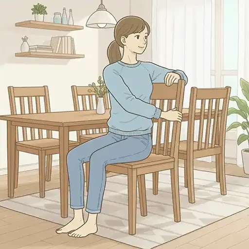 ダイニングチェアに座った女性が、ゆっくり身体をひねって背中と腰をほぐしているシーンのイラスト