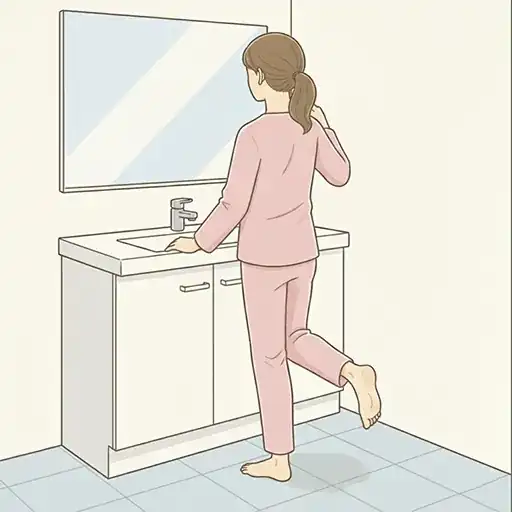 女性が歯磨きをしながら片足立ちをしてバランスを整えているシーンのイラスト