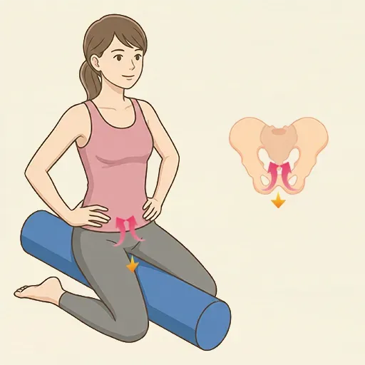 ストレッチポールに座り、息を吐きながら骨盤底を優しく持ち上げます。