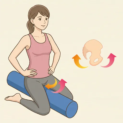 ストレッチポールに座り、呼吸に合わせて骨盤を前後に小さく動かすエクササイズのイラスト