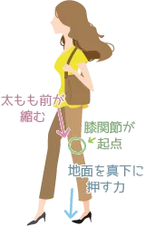 太ももを持ち上げて前に脚を振り出すAタイプの女性。股関節を起点に前ももの筋肉が収縮し、力が前方に逃げている様子が描かれている。