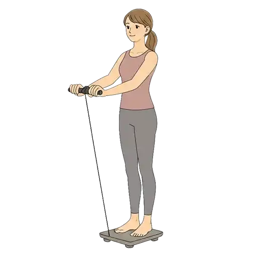 8極タイプの体組成計に乗って、ハンドルを持ちながら体脂肪や筋肉量を測定している女性のイラスト